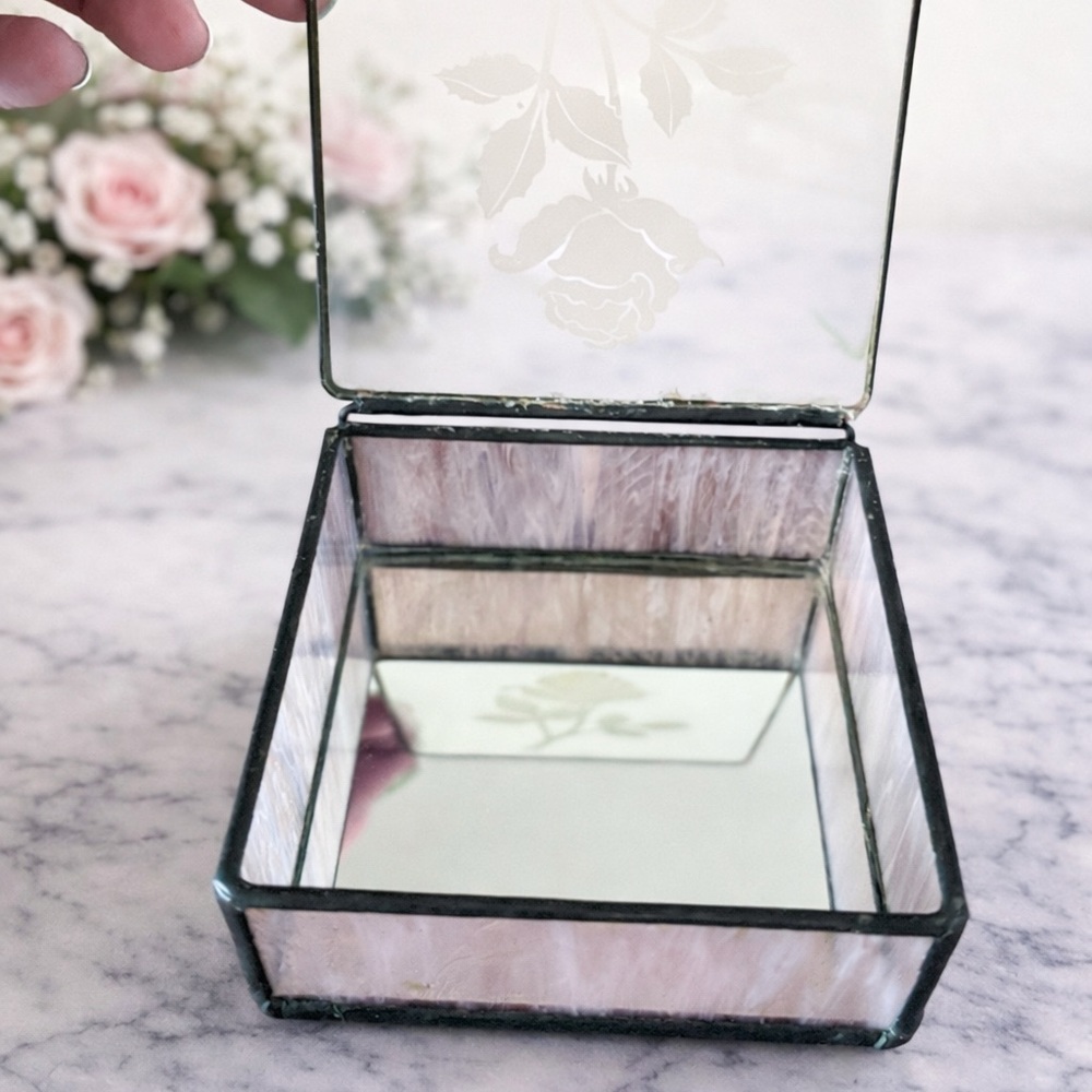 Vintage Etched Glass Ring Dish Floral Jewelry Holder Handmade Vanity